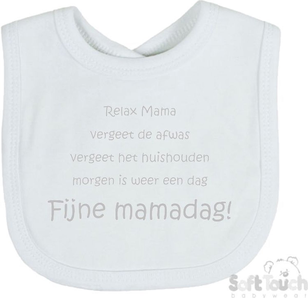Goedkoopste Soft Touch Slabber Slabbetje Slab Relax Mama Vergeet de afwas Vergeet het huishouden Morgen is weer een dag FIJNE MAMADAG! Moederdag Unisex Katoen Wit/zilver (shiny) Maat 33x22 Cm