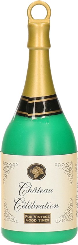 Groene champagnefles met gouden hals en label.
