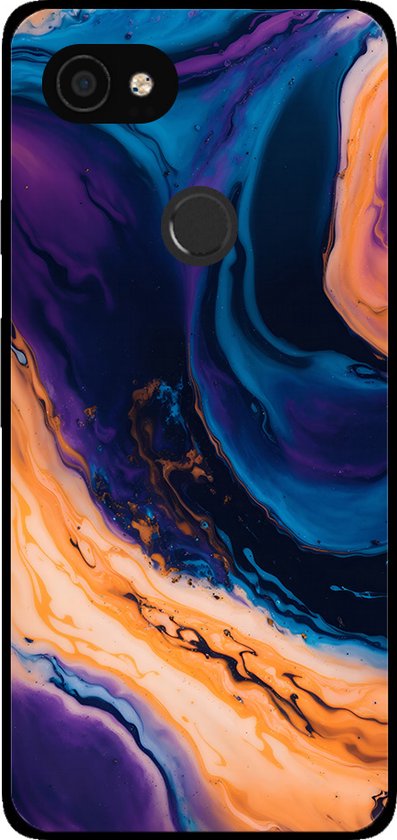 Telefoonhoesje met marmerpatroon in blauw, paars, oranje en zwart voor Google Pixel 3A XL.