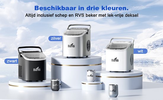 Zwarte, witte en zilverkleurige Bardi ijsblokjesmachines met bekers op sokkels.