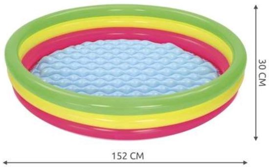Opblaasbaar zwembad met drie gekleurde ringen en afmetingen: 152 cm breed en 30 cm hoog.