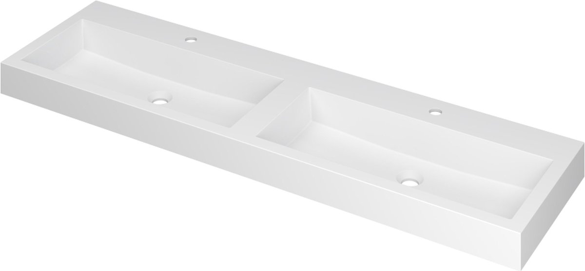 INK Momento wastafel polystone dubbel met 2 kraangaten 160 x 9 x 45 cm, mat wit