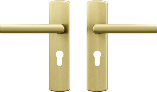 Twee gouden deurkrukken met sleutelgat op witte achtergrond.