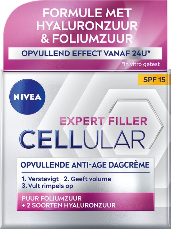 Nivea Cellular Expert Filler verpakking met hyaluronzuur en foliumzuur. Opvullende anti-age dagcrème SPF 15.