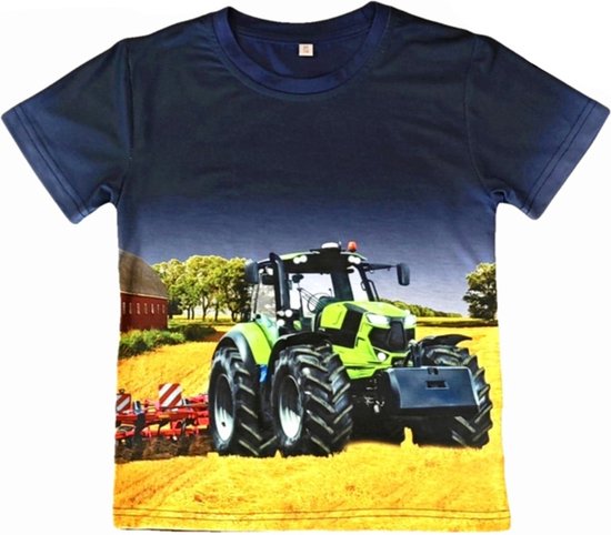 T-shirt met tractor, groene trekker, blauw, full colour print, kids, kinder, stoer, mooie kwaliteit!