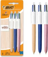 Stylos à bille rétractables BIC 4 couleurs style Wood - stylo à bille motif bois - lot de 3 - pointe Medium 1 mm