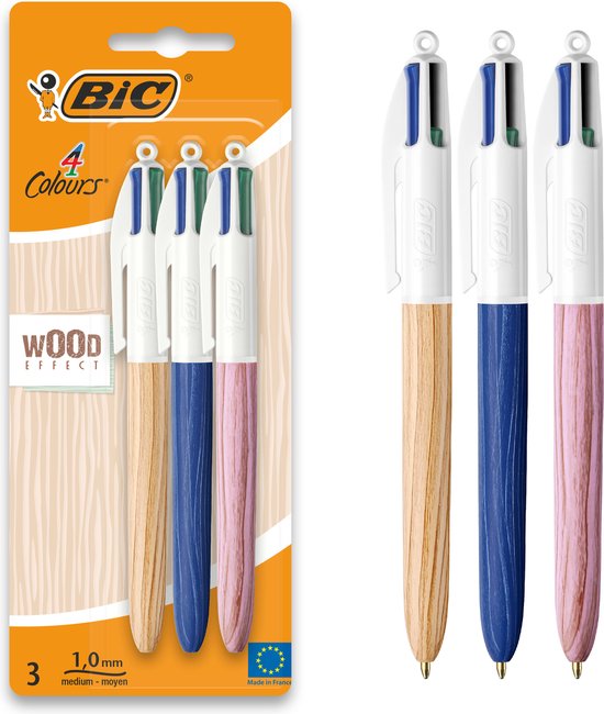 Stylos à bille rétractables BIC 4 couleurs style Wood - stylo à bille motif bois - lot de 3 - pointe Medium 1 mm