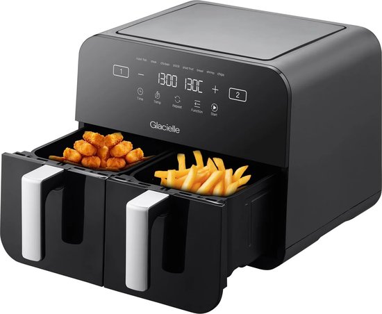 Glacielle Moderne Dubbele Airfryer - 9 Liter XXL - Duo Airfryer - Heteluchtfriteuse - Twee kookvakken x 4.5L - 2400W - Zwart