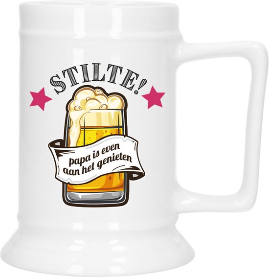 Bellatio Decoration Cadeau Bierpul voor papa - rood - stilte! - keramiek - 530 ml - Vaderdag