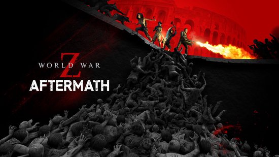 Poster 'World War Z Aftermath' met vier overlevenden bovenop een massa zombies voor het Colosseum.