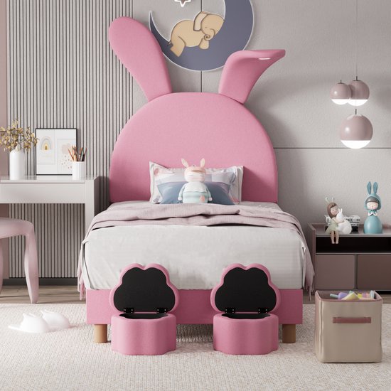 Lit capitonné Lapin 90x200 - avec deux tabourets de rangement - Éclairage de lit LED- oreilles de lapin dépliantes - Lit enfant avec sommier à lattes / tête de lit réglable en hauteur - velours rose