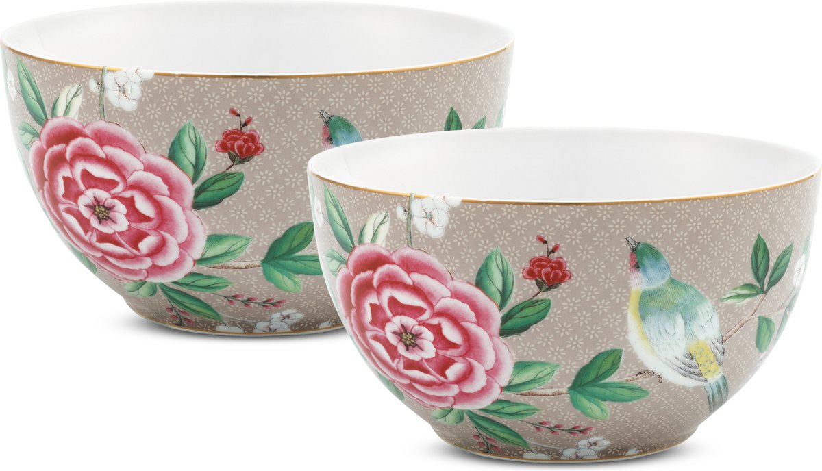 Pip Studio Blushing Birds Kommen - Khaki - Porselein - Set van 2 - 15cm
