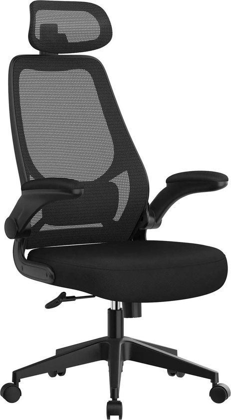 In And OutdoorMatch Bureaustoel Viviane - Computerstoel - Ergonomische stoel - Verstelbare armleuningen en hoofdsteun - Schommelfunctie - Ademende netstof - In hoogte verstelbaar - Zwart
