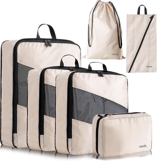 Set van 6 kofferorganizers (ultralicht, uitbreidbaar), kofferorganizerset voor reizen, pakkubussen voor rugzak, reisbenodigdheden, beige