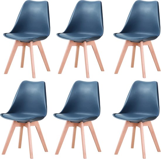 KTN® Eetkamerstoelen set van 6 - Donkerblauw - Rugleuning - Fauteuil - Woonkamerstoelen - Kuipstoelen - Gewatteerde zitting - Houten poten - Kunststof