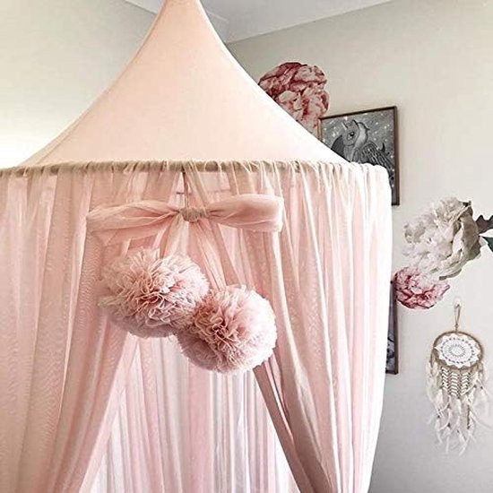 Foto: Roze klamboe kinderen bedhemel babybed baldakijn prinses muggennet decor hoogte 300 cm met sterren decoratie 40 sterrenlichten twee paar bloemballen