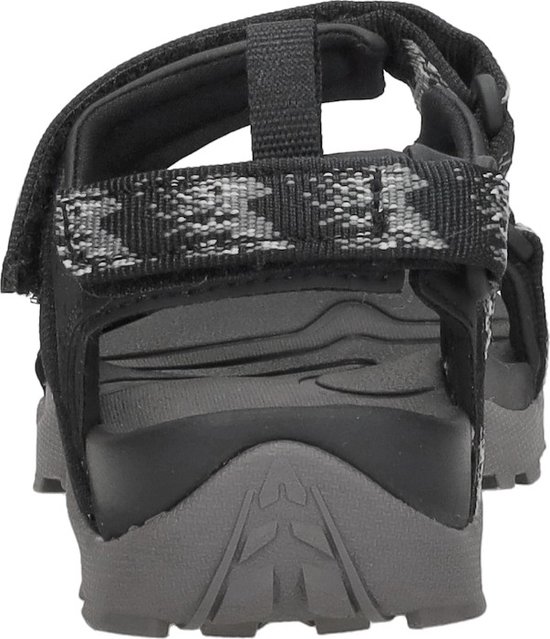 Achterkant van zwarte Teva sandalen met grijze zolen en camouflagebandjes. Achteraanzicht.