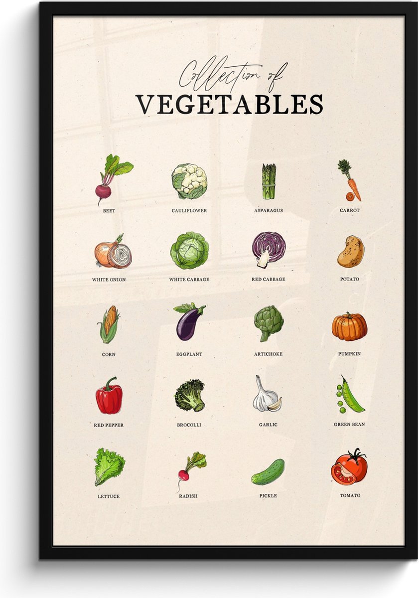 FrameYourWall Fotolijst inclusief poster - Posterlijst 60x90 cm - Posters - Groente soorten - Kleurrijk - Eten - Vintage - Foto in lijst - Keuken decoratie muur - Wanddecoratie accessoires - Muurdecoratie - Schilderijen Groente - Overzicht