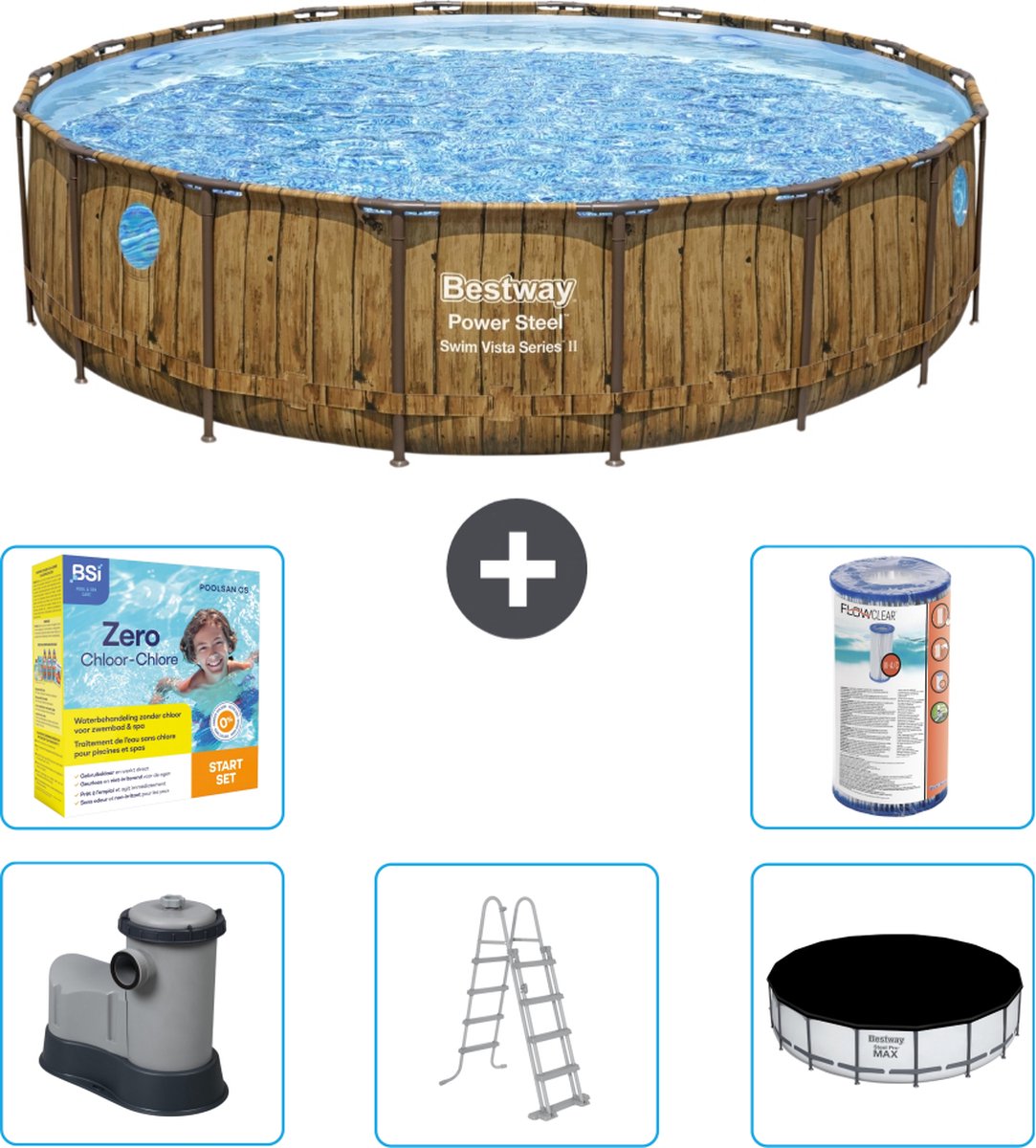 Bestway Rond Power Steel Swim Vista Zwembad - Houtprint - 549 x 122 - Inclusief Pomp - Ladder - Afdekzeil Onderhoudspakket - Filter