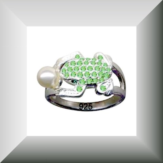 Hetty' - Kleurrijke - zilveren ring - met Kikker - Parel - Zirconia's - maat 16.75 -17.00