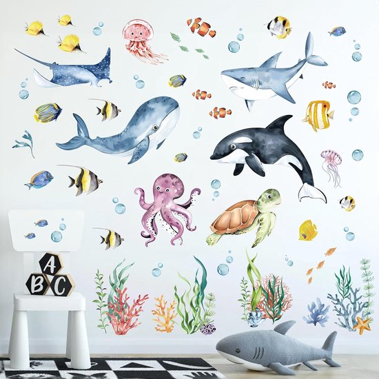 Onder de Zee Aquarel Vissen Muurstickers Oceaan Dolfijn Zeeschildpad Zeewier Muurtattoo Babykinderkamer Badkamer Speelkamer Wanddecoratie