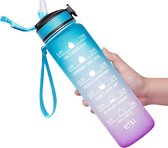 "Waterfles 1 Liter - Waterfles met Tijdmarkeringen - BPA vrij - Sportfles - Voor Volwassenen en Kinderen - Drinkfles Kind - Waterflessen met Rietje - blauw poeder "