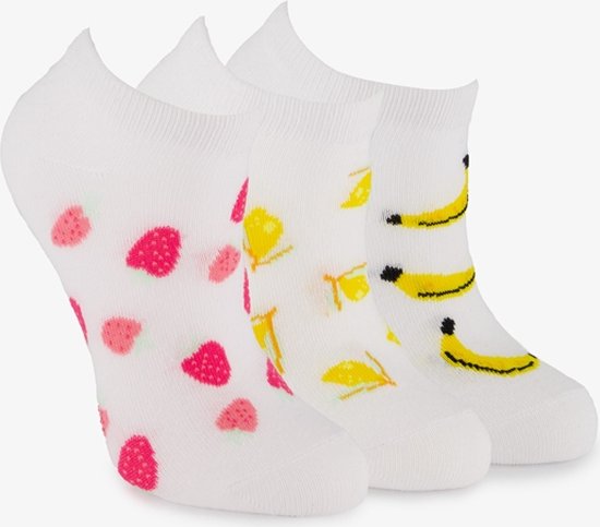 3 paar sneaker sokken wit met fruit opdrukken