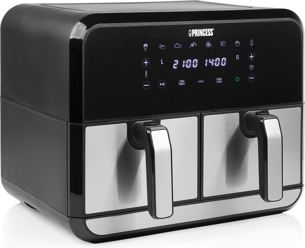 Princess Dubbele Airfryer 182074 – 2 manden x 4 liter – Digital touchscreen - Dubbele heteluchtfriteuse -RVS/Zwart
