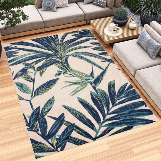 Tapiso Patio Beige Blauw Tapis De Jardin Tapis D'extérieur Plantes Taille- 160x220
