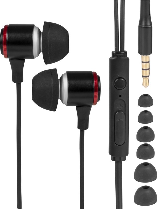 Écouteurs intra-auriculaires noirs avec anneau rouge et bande blanche. Avec contrôle du volume et du micro, embouts supplémentaires et prise jack 3.5mm.
