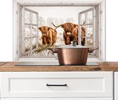 Spatscherm keuken 80x55 cm - Kookplaat achterwand Doorkijk - Schotse hooglander - Dieren - Muurbeschermer - Spatwand fornuis - Hoogwaardig aluminium