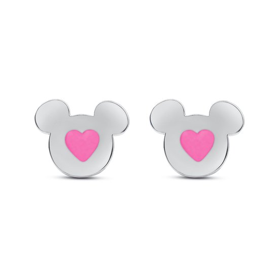 Disney 4-DIS049 Boucles d'oreilles Mickey Mouse - Clips d'oreilles - Bijoux Disney - 7,2x7,7 mm - Coeur rose - Acier - Hypoallergénique - Couleur argent