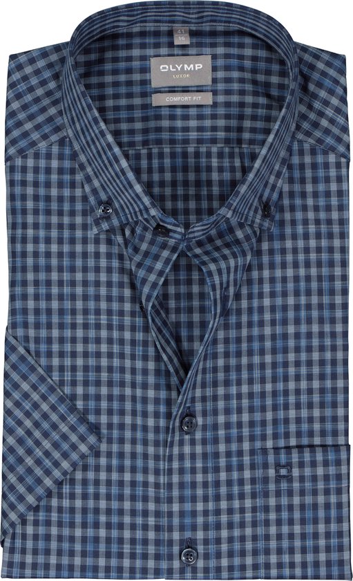 OLYMP comfort fit overhemd - korte mouw - popeline - blauw geruit geruit - Strijkvrij - Boordmaat: 42