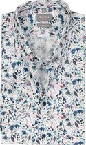 OLYMP comfort fit overhemd - korte mouw - popeline - wit met blauw en roze bloemen dessin - Strijkvrij - Boordmaat: 40