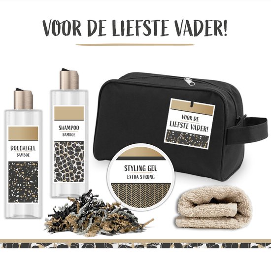 Geschenkset "Voor de liefste Vader" - 5 Producten - 650 Gram | Toilettas Zwart - Speciaal Cadeau voor hem - Wellness Cadeaupakket man - Vaderdag Verjaardag - Bedankt Giftset - Beste Papa - Vaderdagscadeautje - Douchegel bamboe - Shampoo - Styling Gel