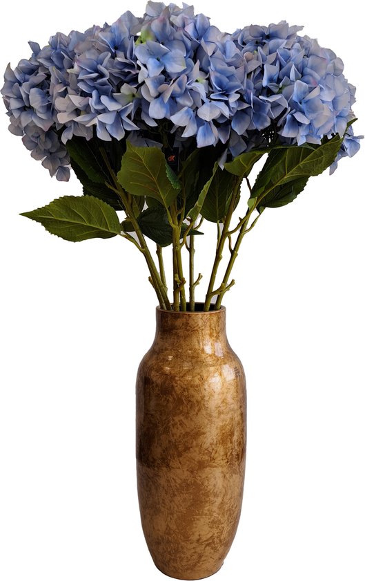 Kunstbloem Hortensia boeket in vaas - groot - lichtblauw - 109 cm - Kunst zijdebloemen