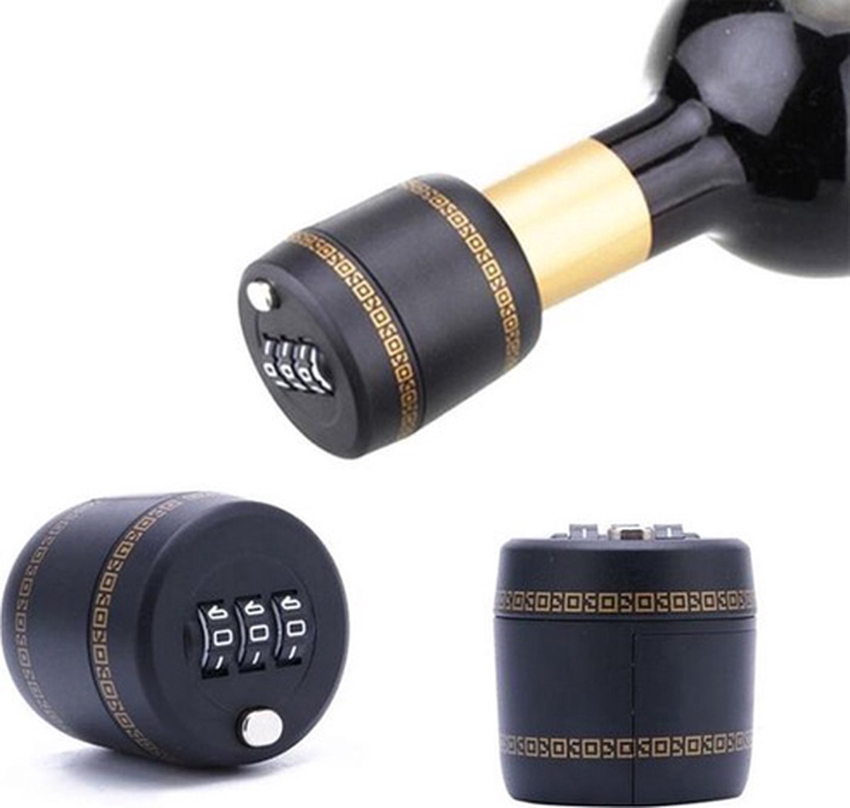Wijnslot - Flessenslot - Cijferslot - Wijn accessoires - Voor wijnfles - 4,3 cm - Kunststof - Zwart/goud - HordijkProducts