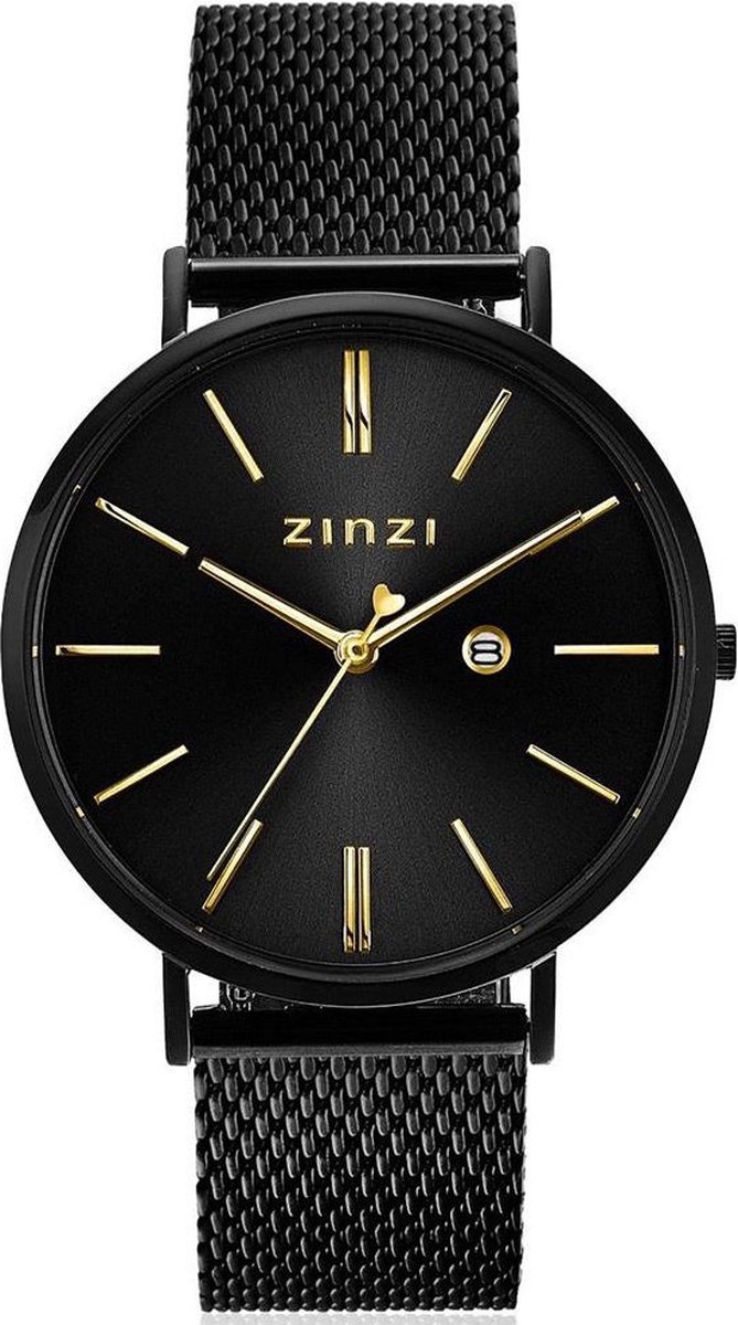 ZINZI Roman horloge 34mm zwarte wijzerplaat, zwarte kast met geelvergulde wijzers zwarte stalen mesh band extra dun ZIW549M