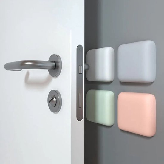 Zelfklevende siliconen deurstopper in vier pastelkleuren: wit, lichtgrijs, mintgroen en roze.