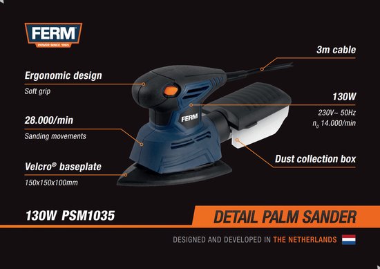 Specificaties FERM detail schuurmachine: 130W, 28.000 schuurbewegingen/min, 3m snoer, ergonomisch ontwerp.