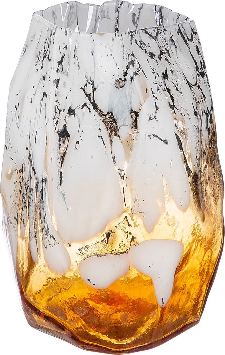 Handgemaakte vaas rock- 16x22 cm - oranje creme - glas