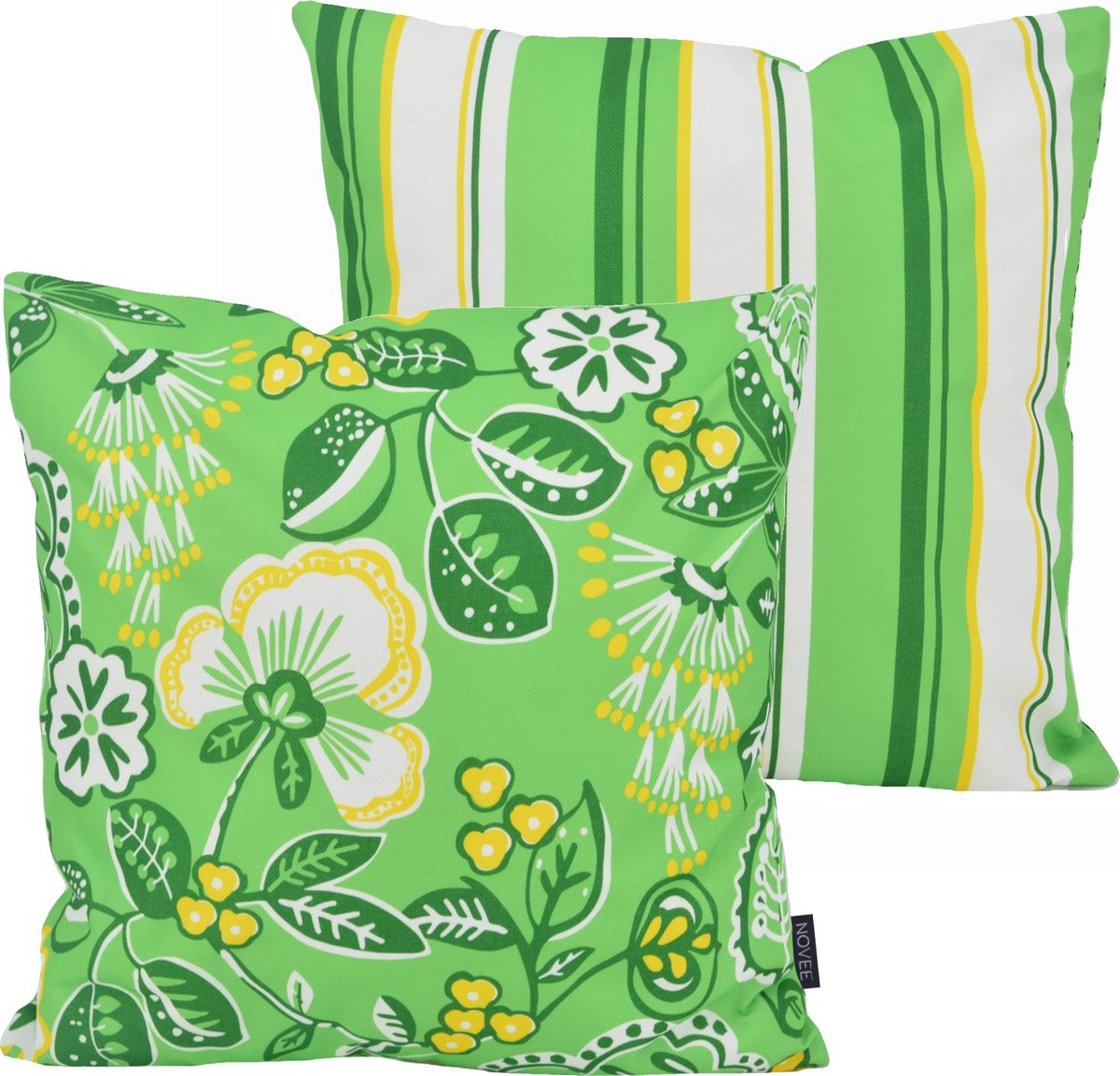 NOVÉE Flower / Stripe Kussenhoes - Groen | Outdoor / Buiten | 45 x 45 cm | Katoen/Polyester