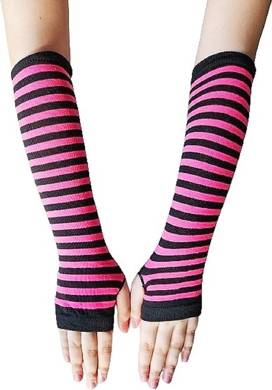 BamBella® Vingerloos Strepen handschoenen - One Size - Zwart Roze