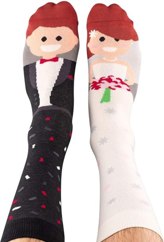 Bruidspaar Sokken - 1 paar verschillende sokken met Bruidegom en Bruid - Grappige sokken Trouwerij maat 36-43