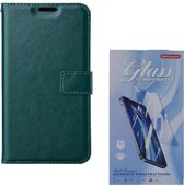 Bookcase Geschikt voor: iPhone 13 Mini - Groen - portemonnee hoesje met 2 stuk Glas Screen protector