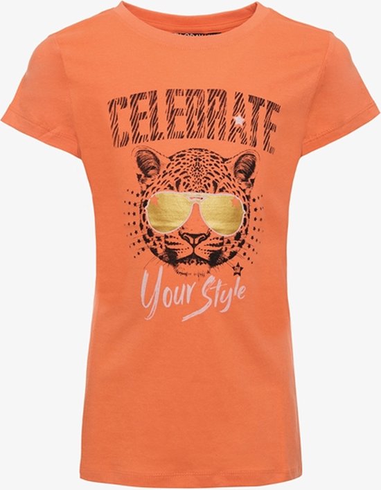 TwoDay meisjes T-shirt met tijgerkop oranje - Maat 158/164