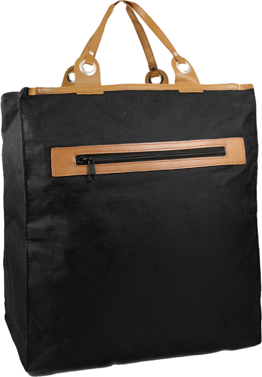 Boodschappentas Canvas Zwart met lederen handvatten
