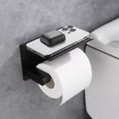 Toiletpapierhouder zonder boren, aluminium wc-papierhouder met plank, zelfklevende wc-papierhouder met 2 kleefhaken, wandmontage, toiletrolhouder voor keuken en badkamer, zwart