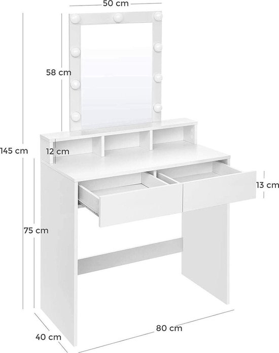 IN.HOMEXL Layney - Kaptafel - Make up tafel - Kaptafel met spiegel - Toilettafel -Met lades - 132 cm x 80 cm x 40 cm - Wit