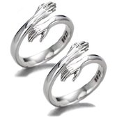 925 sterling zilveren sieraden liefde knuffel ring, verstelbare romantische liefde knuffelen handen open ring voor dames en heren (2 stuks)
